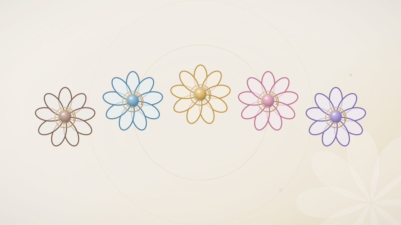 Vijf bloemen, vijf thema's. De kleur vertelt waar de intentie over gaat.
